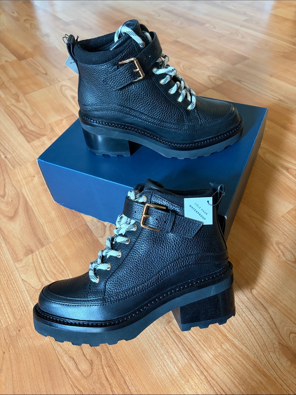 Cole Haan Shibley Waterproof Lace Up Booties in Black Leather (NWT)